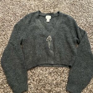 H&M Bow Rhinestone Charcoal V-Neck Sweater XS